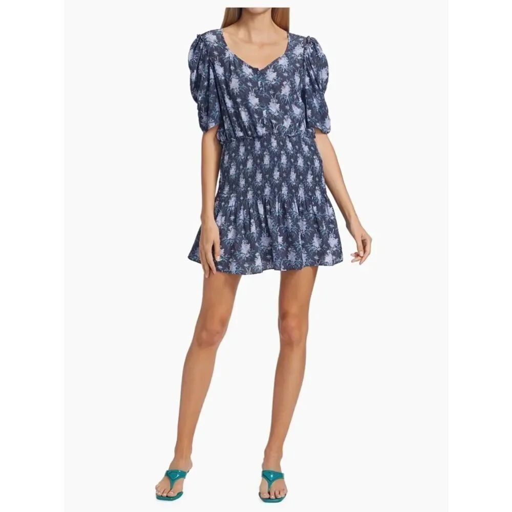 LoveShackFancy Brickell Blouson Minidress XS Blue Noir dainty bows feminine